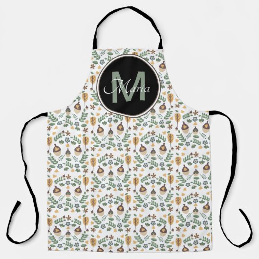 秋アコーンと緑のDitsyパターンモノグラム エプロン (正面)