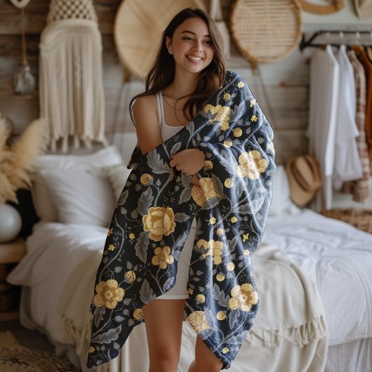 秋アールヌーボーイエローフローラつる植物 フリースブランケット