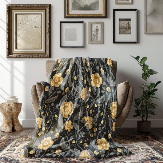 秋アールヌーボーイエローフローラつる植物 フリースブランケット