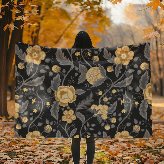 秋アールヌーボーイエローフローラつる植物 フリースブランケット