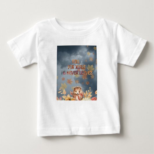 秋イエズス彼は決して離れデザイン ベビーTシャツ (正面)