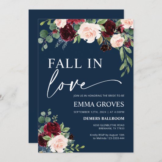 秋インブライダルシャワーネイビーブルゴーニュフローラ 招待状 (正面/裏面)