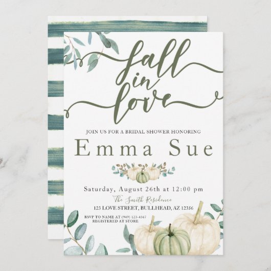 秋インラブウォーターカラーパンプキンスブライダルシャワー 招待状 (正面/裏面)