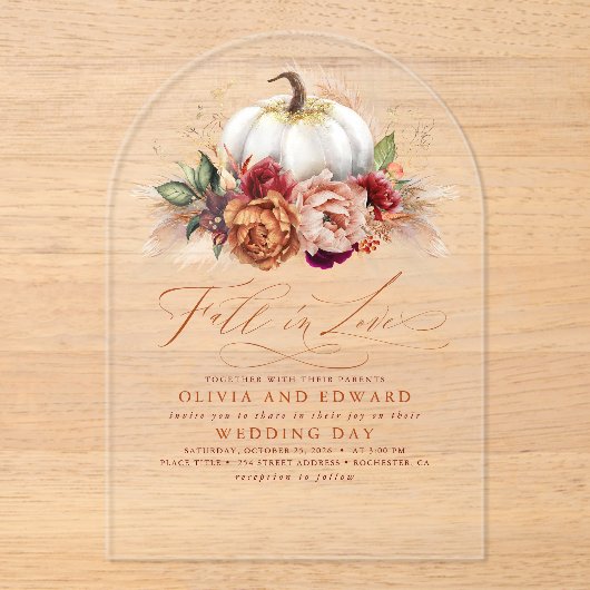 秋インラブエレガントなウェディングラストフラワーカボチャ アクリル招待状 (正面)