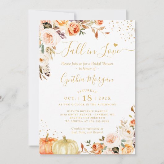 秋インラブオータム金ゴールドシックフローラブライダルシャワー 招待状 (正面)