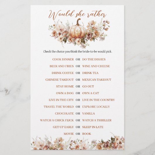 秋インラブカボキンワイルドフラワーブライダルシャワーゲーム (正面)