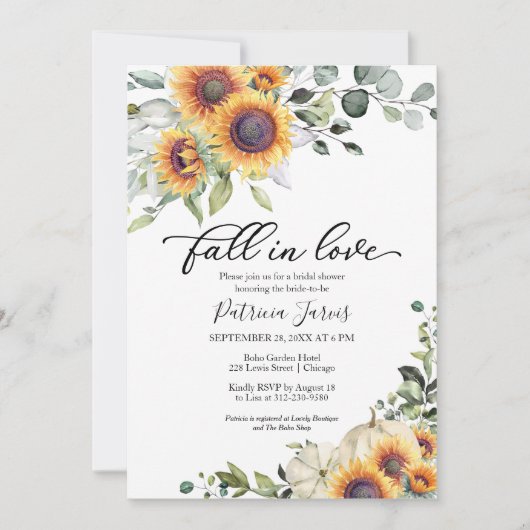 秋インラブグリーンリーサンフラワーズブライダルシャワー 招待状 (正面)
