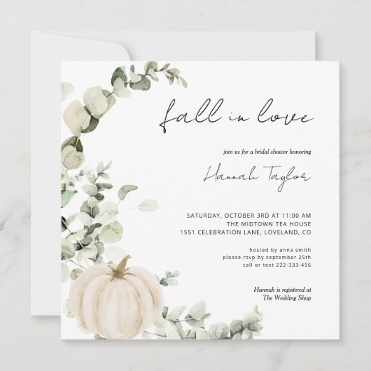 秋インラブグリーンリーパンプキンオータムブライダルシャワー 招待状 (正面)