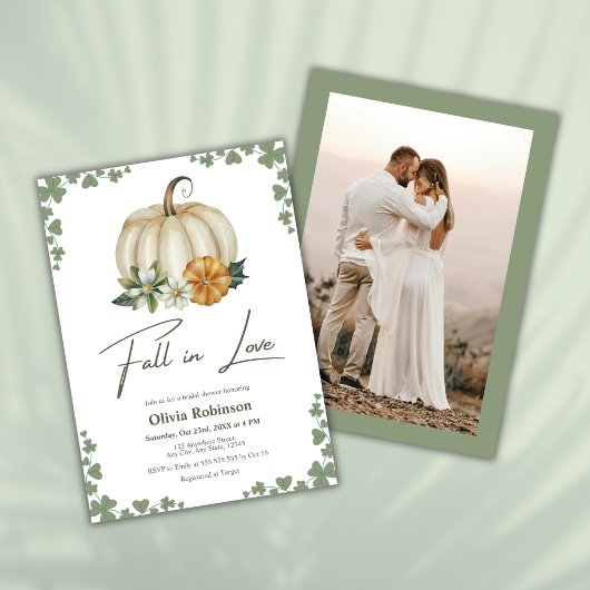 秋インラブグリーンリーパンプキンフォトブライダルシャワー 招待状