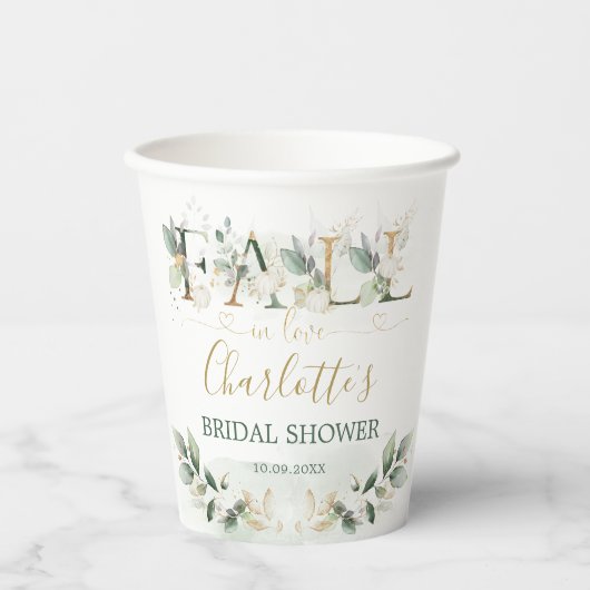 秋インラブグリーンリー金ゴールドパンプキンブライダルシャワー 紙コップ (正面)