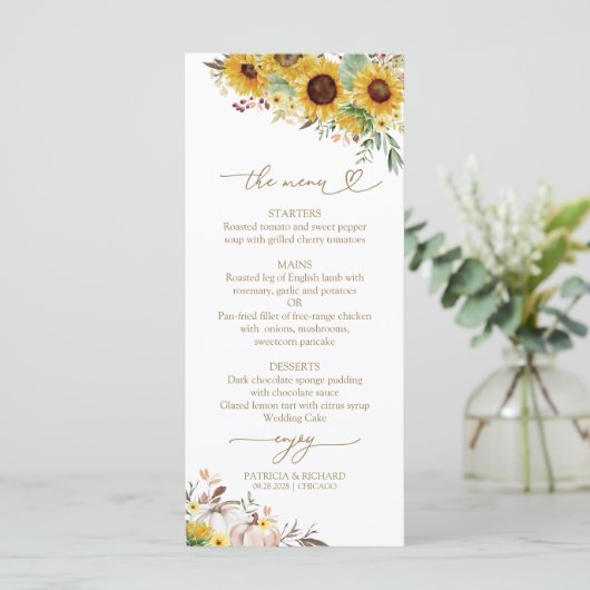 秋インラブサンフラワーカボチャ結婚のメニューカード メニュー (スタンド正面)