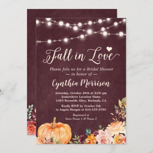 秋インラブストリングライトフローラブライダルシャワー 招待状 (正面/裏面)