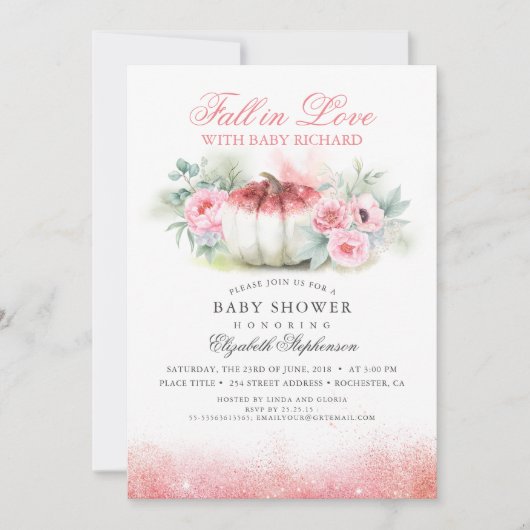 秋インラブバラ金ゴールドグリッターパンプキンベビーシャワー 招待状 (正面)