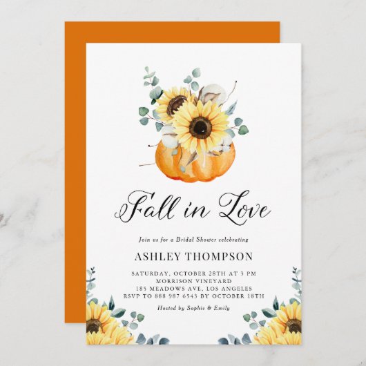 秋インラブパンプキンアンドサンフラワーブライダルシャワー 招待状 (正面/裏面)