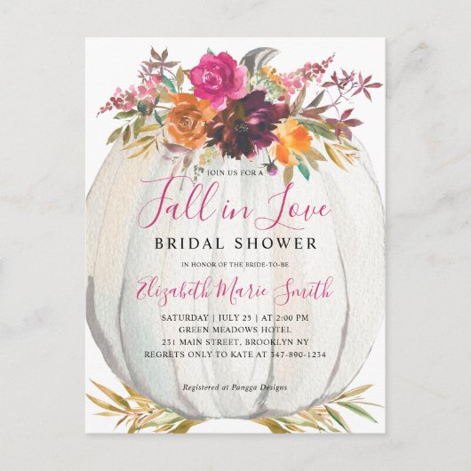 秋インラブパープルフローラパンプキンブライダルシャワー ポストカード (正面)