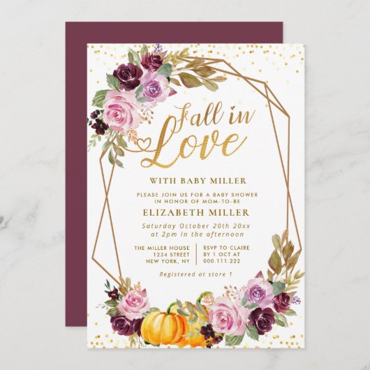 秋インラブパープルフローラベビーシャワー 招待状 (正面/裏面)