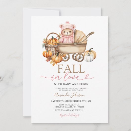 秋インラブピンクの女の子ジンジャムベビーベビーシャワー 招待状 (正面)
