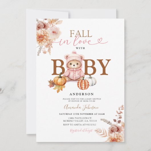 秋インラブピンクの女の子ジンジャムベビーベビーシャワー 招待状 (正面)