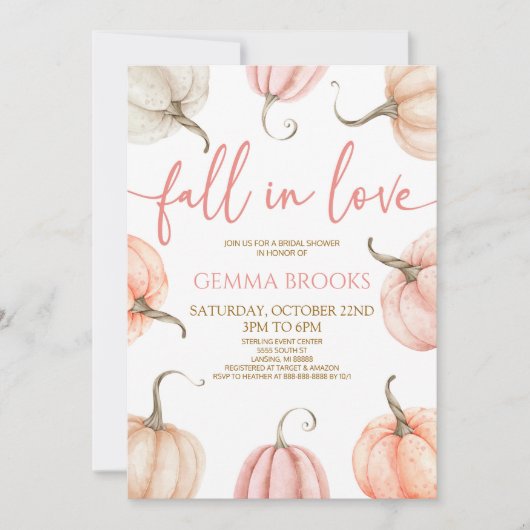 秋インラブピンクエレガントパンプキンブライダルシャワー 招待状 (正面)