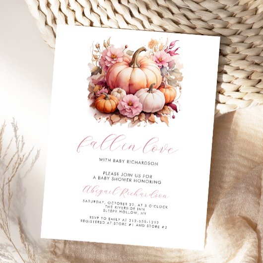 秋インラブピンクフローラカボチャ女の子ベビーシャワー ポストカード