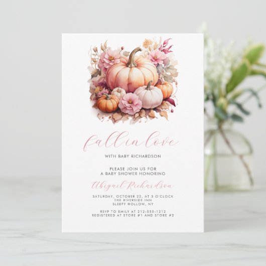 秋インラブピンクフローラカボチャ女の子ベビーシャワー 招待状 (スタンド正面)