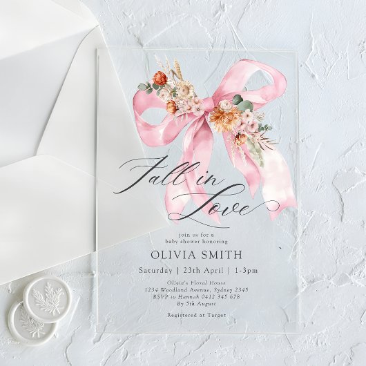 秋インラブピンクボウフローラベビーシャワー アクリル招待状