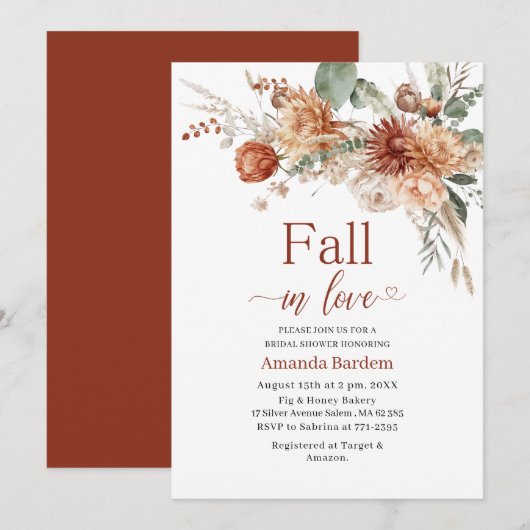 秋インラブフラワーズウォーターカラーブライダルシャワー 招待状 (正面/裏面)