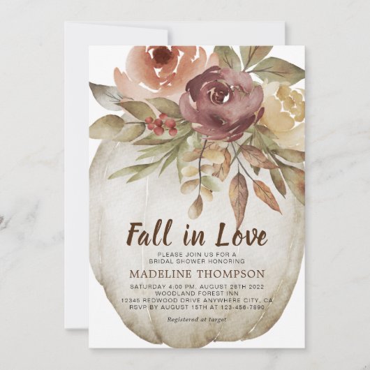 秋インラブフローラホワイトパンプキンブライダルシャワー 招待状 (正面)