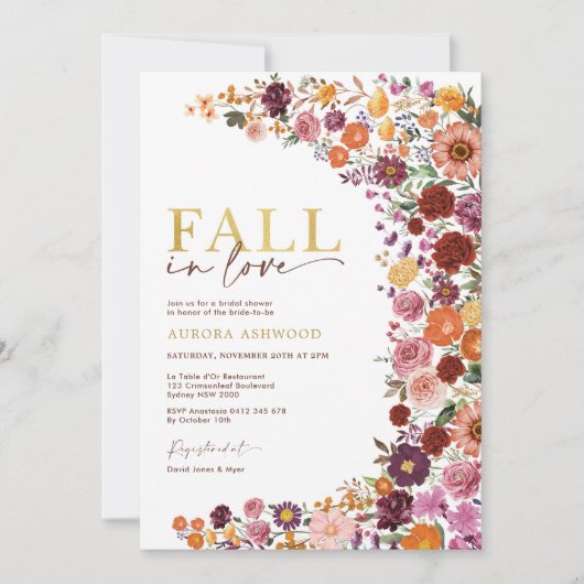秋インラブブルゴーニュオレンジフローラブライダルシャワー 招待状 (正面)
