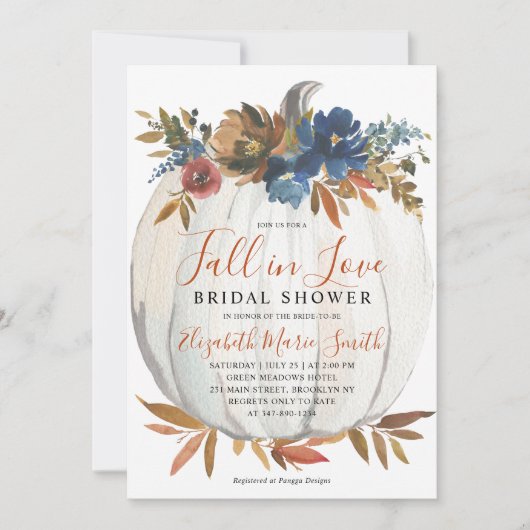 秋インラブブルーフローラパンプキンブライダルシャワー 招待状 (正面)