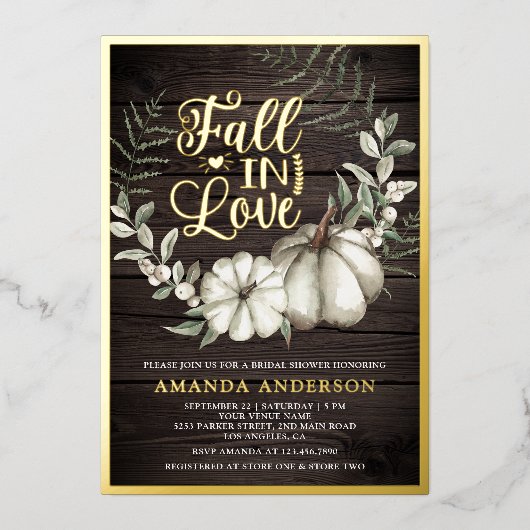秋インラブホワイトパンプキンセージウッドブライダルシャワー 箔招待状 (正面)