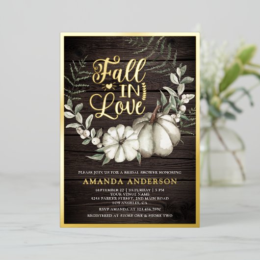 秋インラブホワイトパンプキンセージウッドブライダルシャワー 箔招待状 (立ち正面)