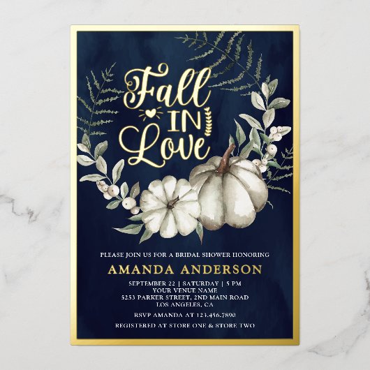 秋インラブホワイトパンプキンセージ海軍ブライダルシャワー 箔招待状 (正面)