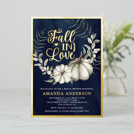 秋インラブホワイトパンプキンセージ海軍ブライダルシャワー 箔招待状 (立ち正面)