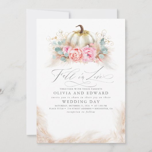 秋イン愛エレガントなウェディングピンクの花かぼちゃ 招待状 (正面)