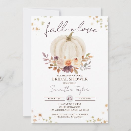 秋イン愛ブライダルシャワー、金ゴールドホワイトカボチャ 招待状 (正面)