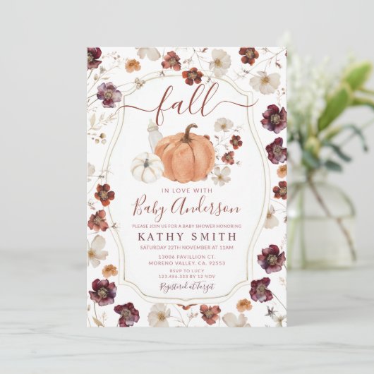 秋イン秋のワイルドフラワーカボチャ赤ちゃんシャワー 招待状 (スタンド正面)