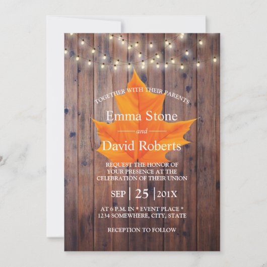 秋イン秋の紅葉ストリングライツ結婚ズ 招待状 (正面)