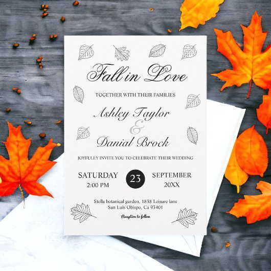 秋イン・ラブ黒と白葉の秋結婚の 招待状