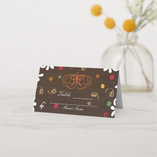 秋インLove Pumpkins 葉&ウッドテーブルシート プレイスカード (裏面)