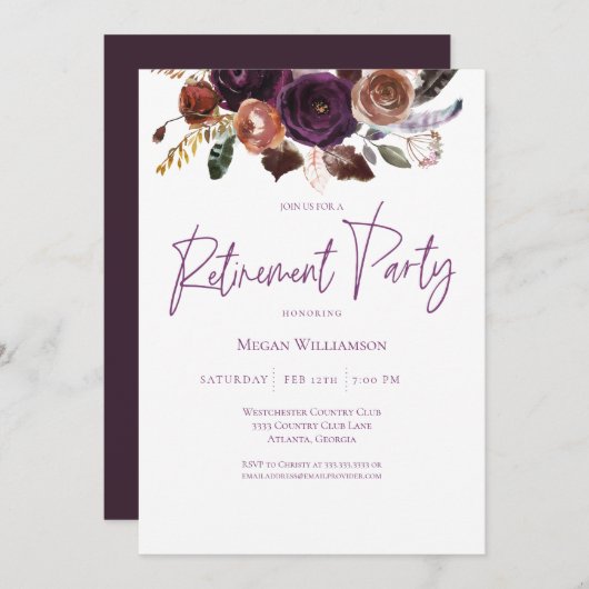 秋ウィンターパープル、ピンク、および金ゴールド退職パーティー 招待状 (正面/裏面)
