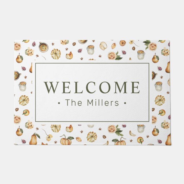 秋ウェルカムウォーターカラーカボンプキンパターン名 ドアマット (正面)