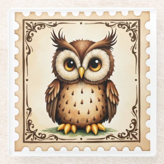 秋ウォッチャーフクロウ ガラスコースター (正面)