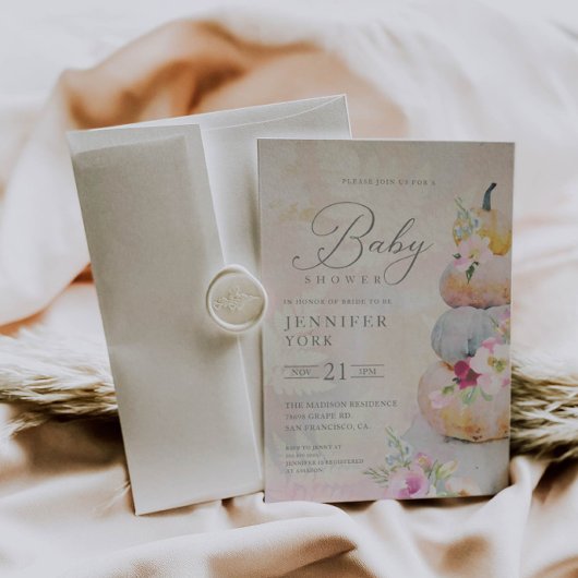 秋ウォーターカラーカボンプキンガールベビーシャワー 招待状