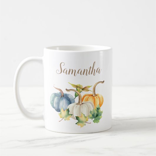 秋ウォーターカラーブルーホワイトオレンジカボチャ コーヒーマグカップ (左)