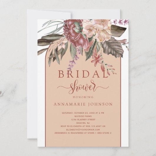 秋ウォーターカラー花模様ラストテラコッタピーチ 招待状 (正面)