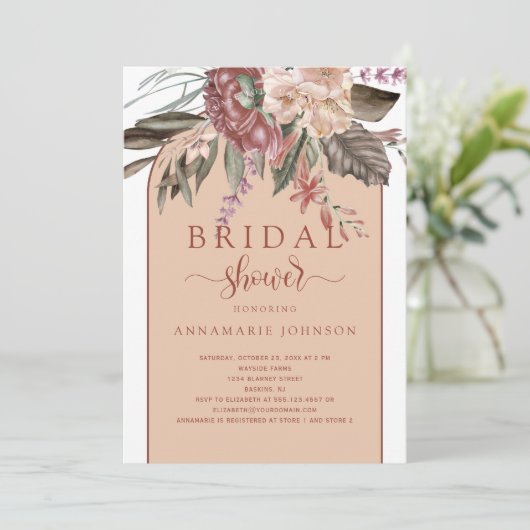 秋ウォーターカラー花模様ラストテラコッタピーチ 招待状 (スタンド正面)