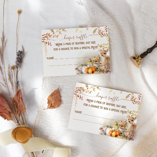 秋ウッドランドカボチャ赤ちゃんシャワーおむつラッフル エンクロージャーカード