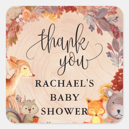秋ウッドランド動物の赤ちゃんシャワーの好意 スクエアシール (正面)