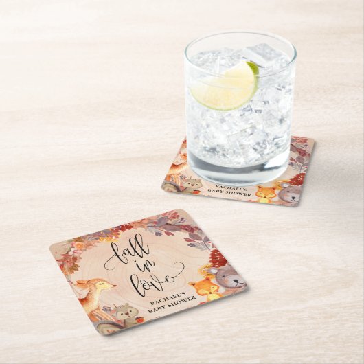 秋ウッドランド動物の赤ちゃんシャワーパーソナライズされた スクエアペーパーコースター (インサイチュ)